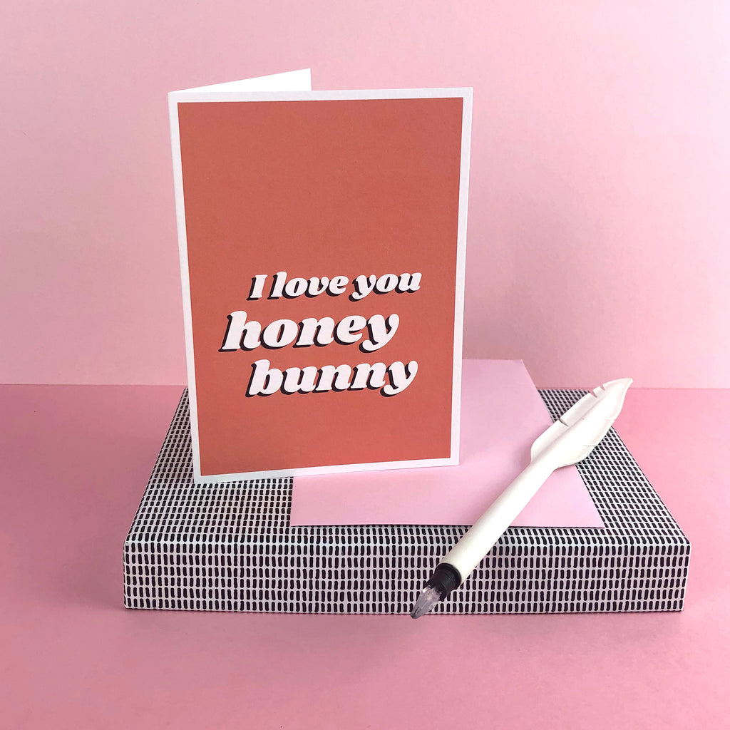 I LOVE YOU HONEY BUNNY greetings card; typographic