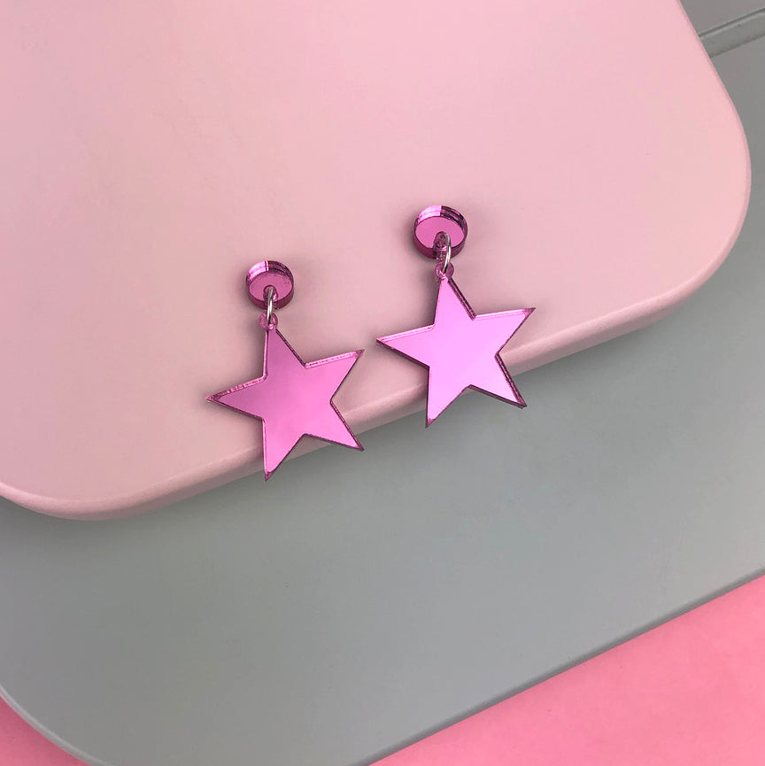 Star earrings made of mirror pink acrylic
