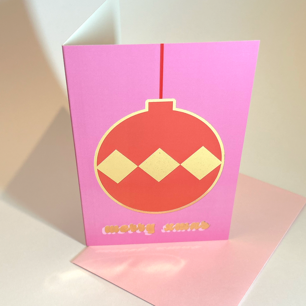 Orange Bauble Christmas Card – Gold Foil on Pink