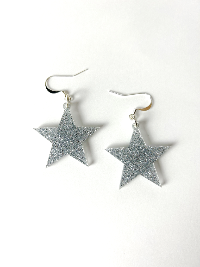 STAR earrings - Glitter Silver -Sterling Silver Hooks
