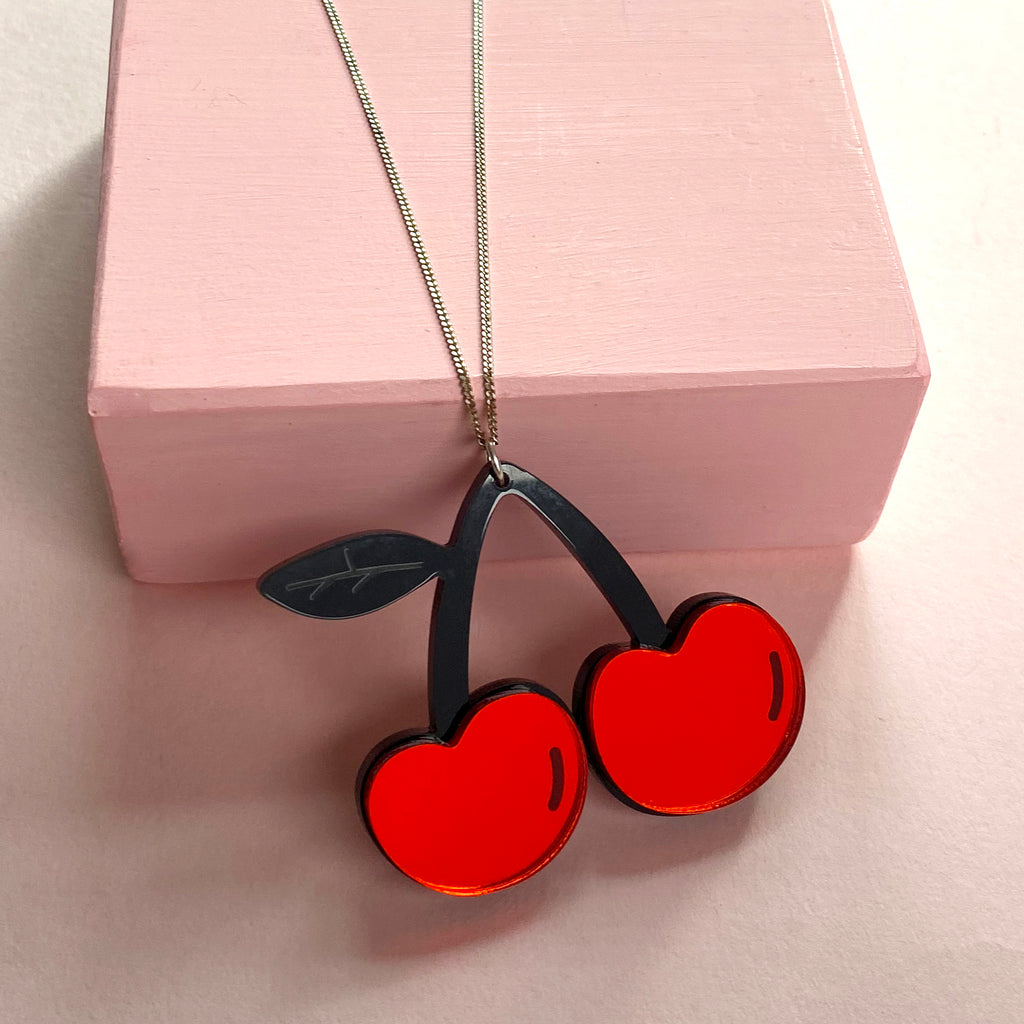 Cherries Necklace - Red or Pink Sterling Silver