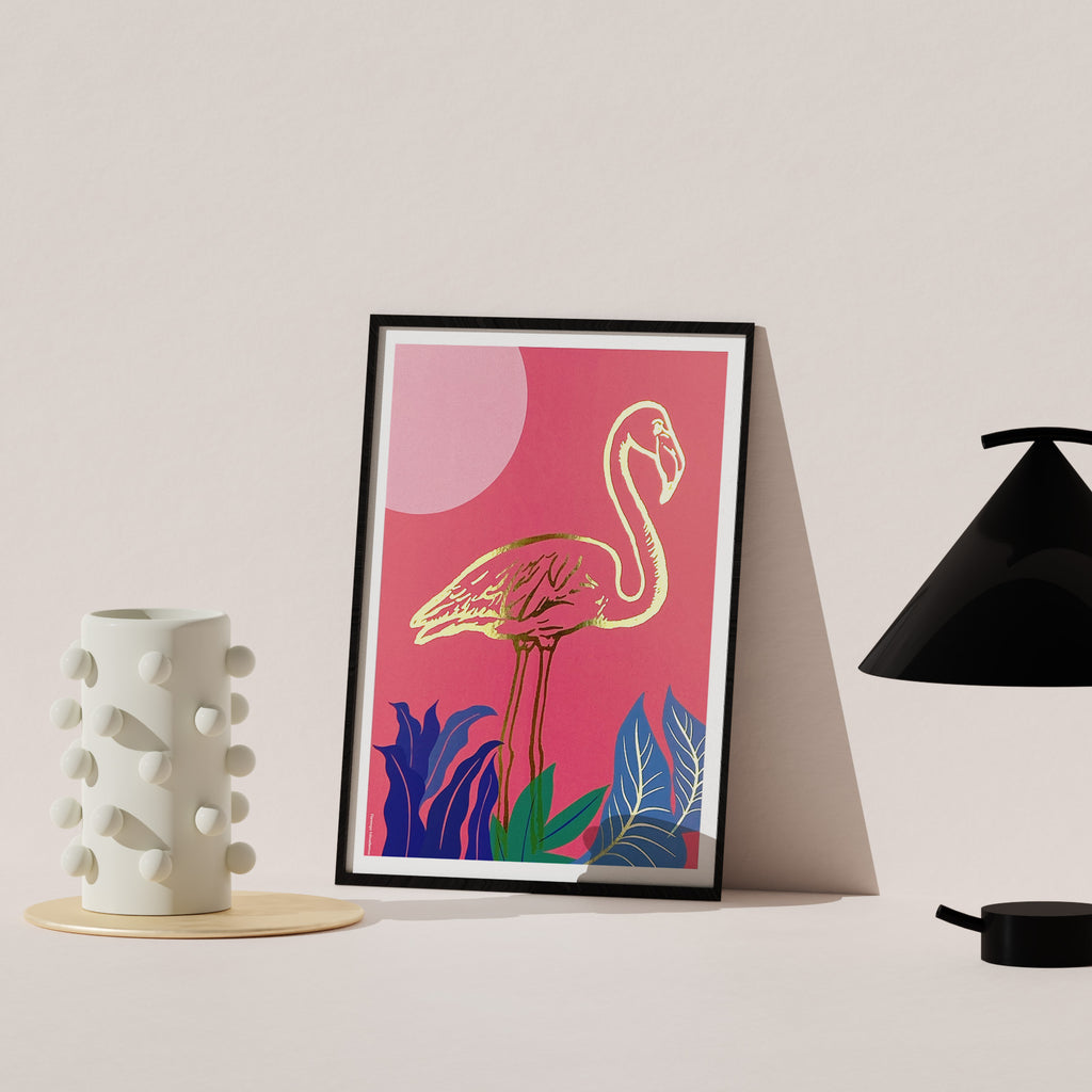 Flamingo nights - Gold foil on pink