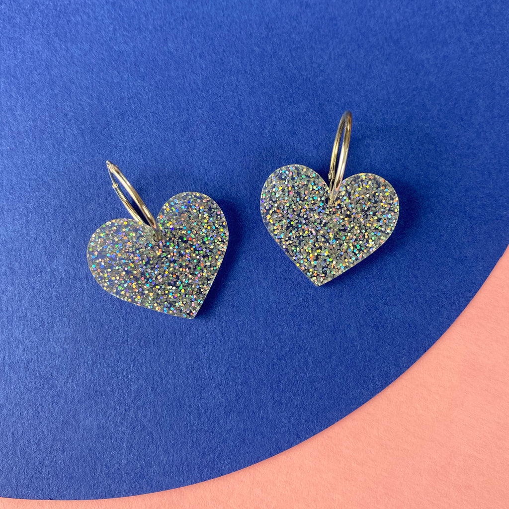 Love Rocks - Glitter Silver Heart Earrings