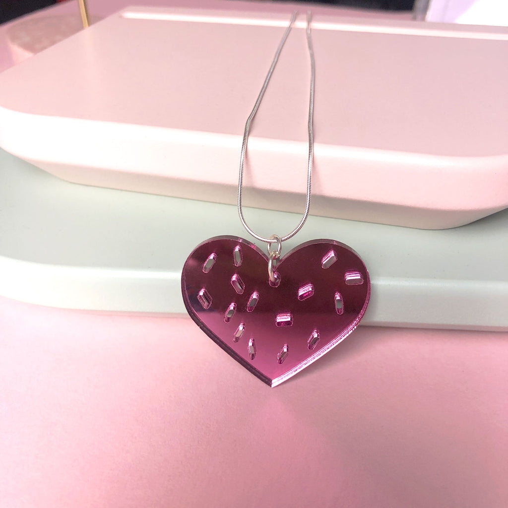 Heart and Sprinkles Necklace, pink mirror acrylic and Sterling Silver chain designed by Doodlemoo