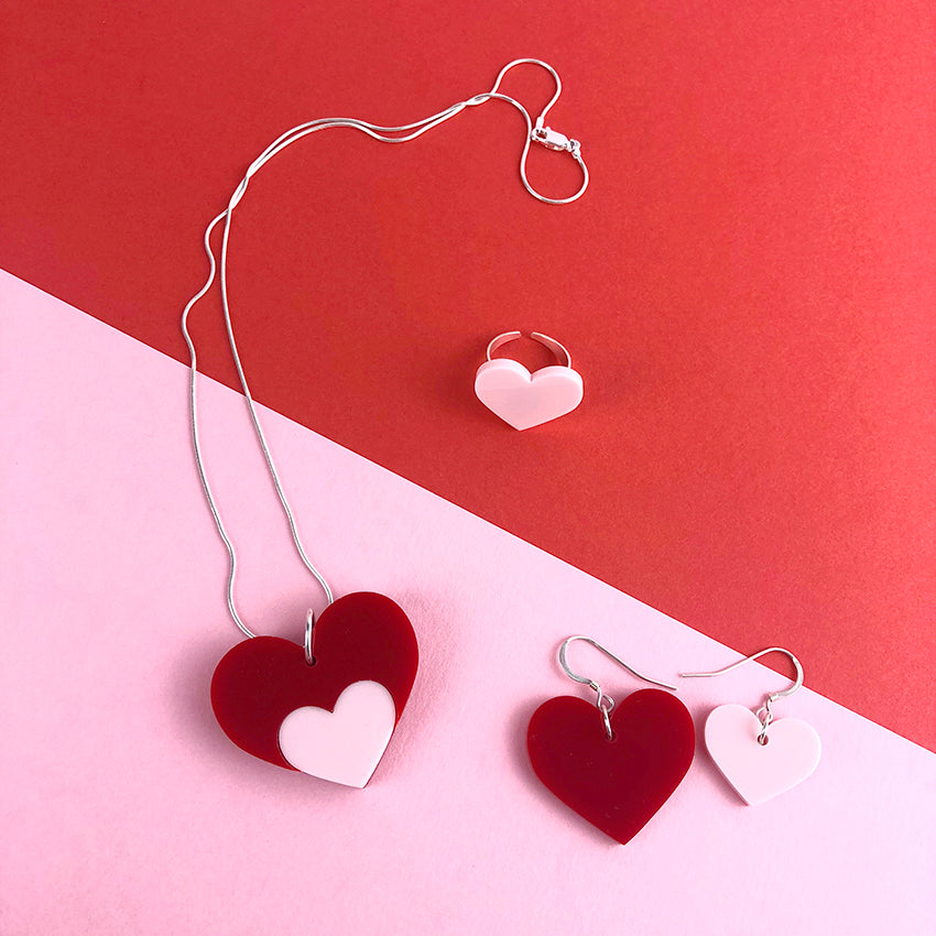 Love Shout Acrylic Jewelery by Doodlemoo in red and pink