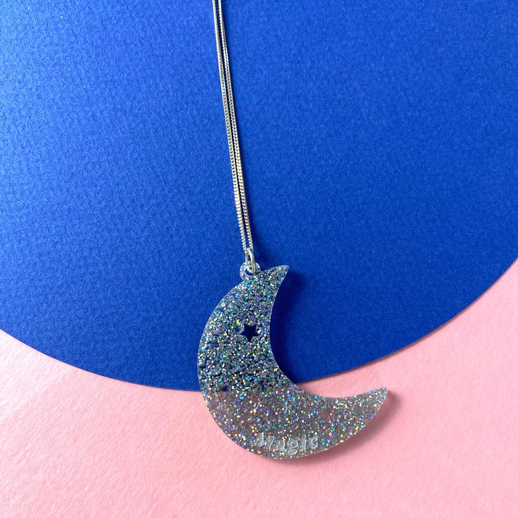 Moon 'Magic' Acrylic Necklace - Silver Glitter