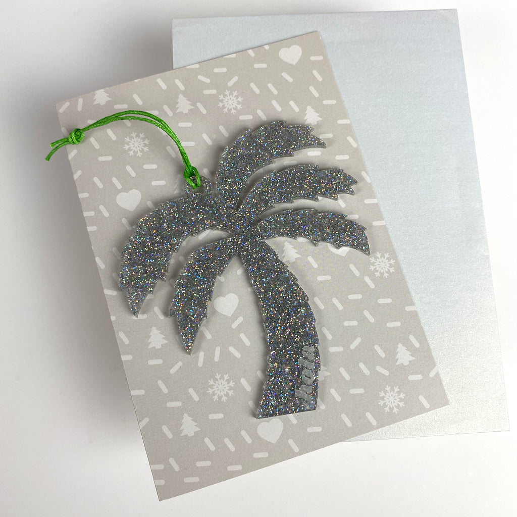 Palm Christmas Bauble with card; glitter silver acrylic
