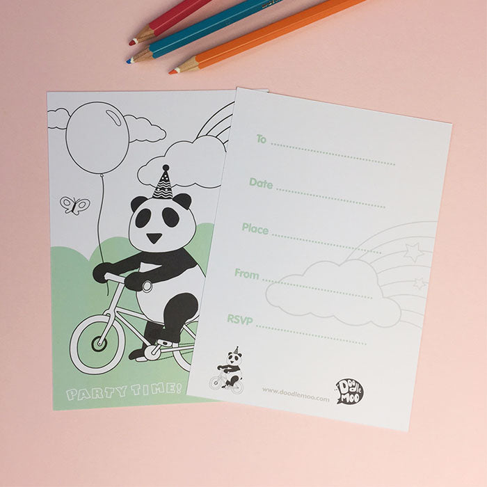 PANDA PARTY INVITE; colour me in postcards (PACK8)