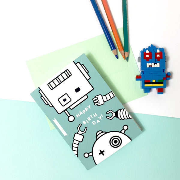 Happy Birthday Robots colouring in card Doodlemoo