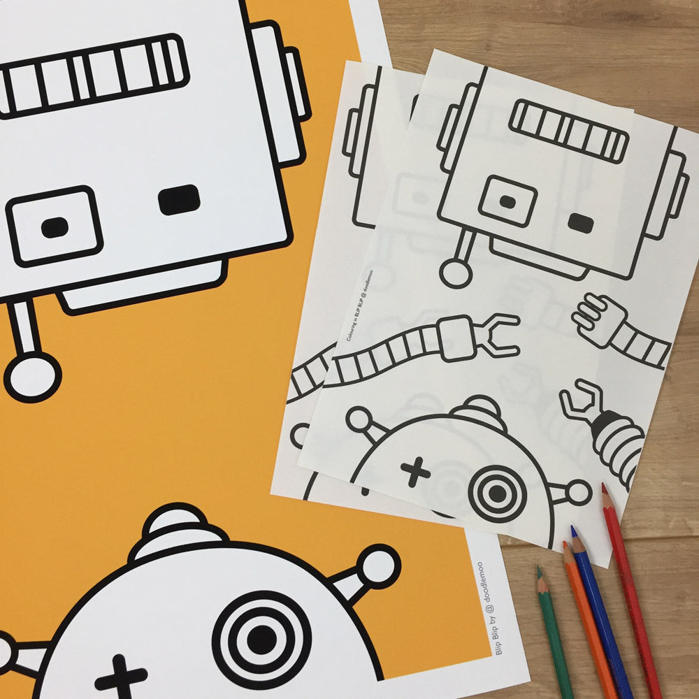 Robots prin mustard yellow with colouring in poster