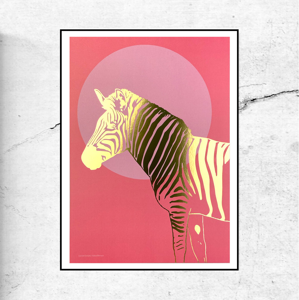 Zebra - Sunset Stripes Art Print - Gold Foil
