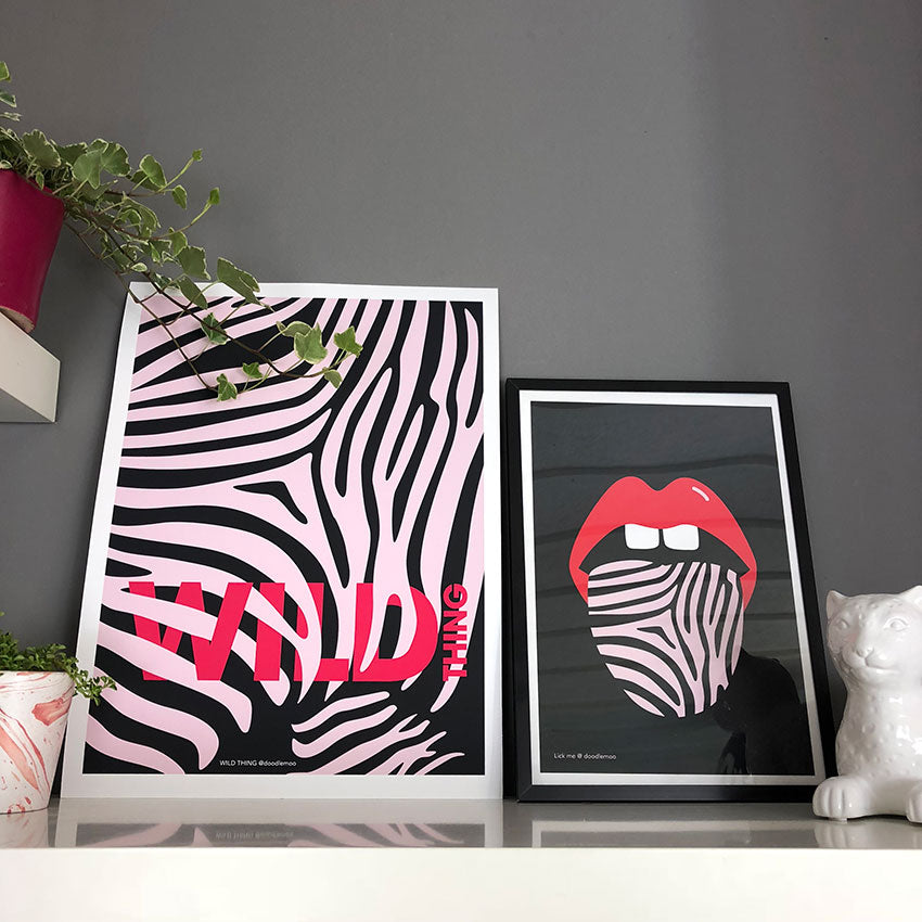 WILD-THING-&-KISS-ME-WILD. Two Doodlemoo zebra inspired art prints