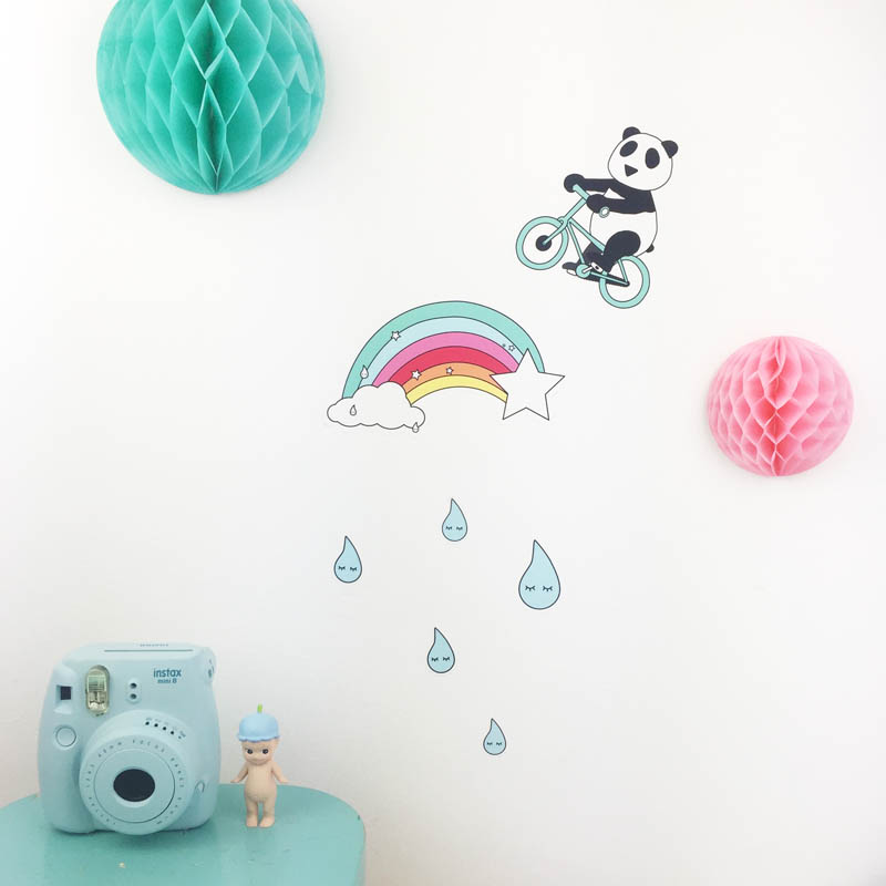 A SET OF A RAINBOW, A PANDA AND SLEEPY RAINDROPS WALL DECALS FROM PLAYFUL BRAND DOODLEMOO