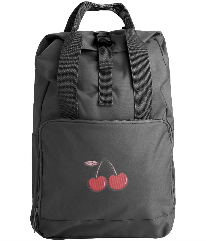 Embroidered Cherries Twin Handle Roll-Top Backpack